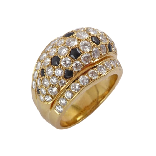 Diamond and onyx stepped bombe ring by Cartier, Paris, panthere style, testing as 18ct gold,
